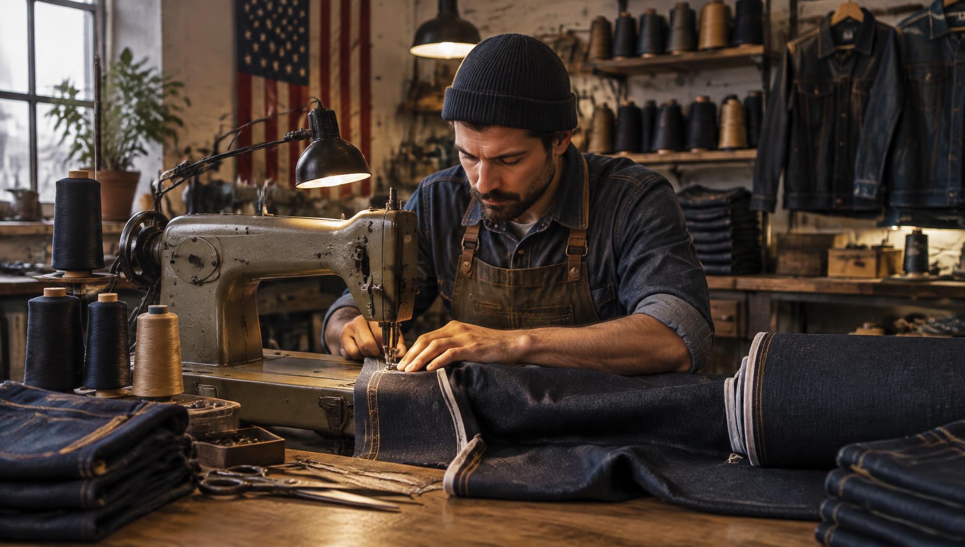 A ZACE USA craftsman stitching selvedge denim at a vintage sewing machine